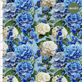 Digitally Printed Fabric with Hydrangea Flower Pattern on a Blue Background